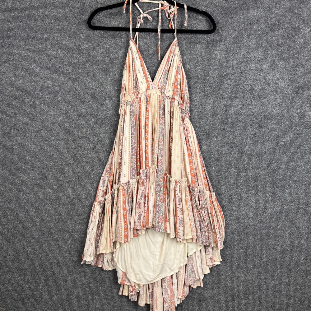NEW STORIA Boho Mini Dress Striped Halter Neck Ruffle Tiered Cream Orange S